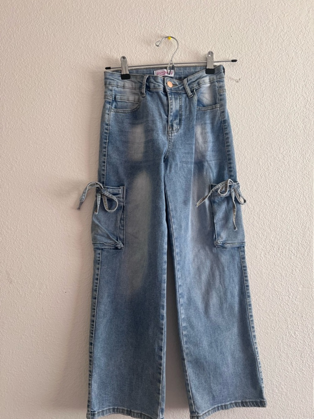 Light Blue Cargo Wide-Leg Jeans with Side Tie Pockets